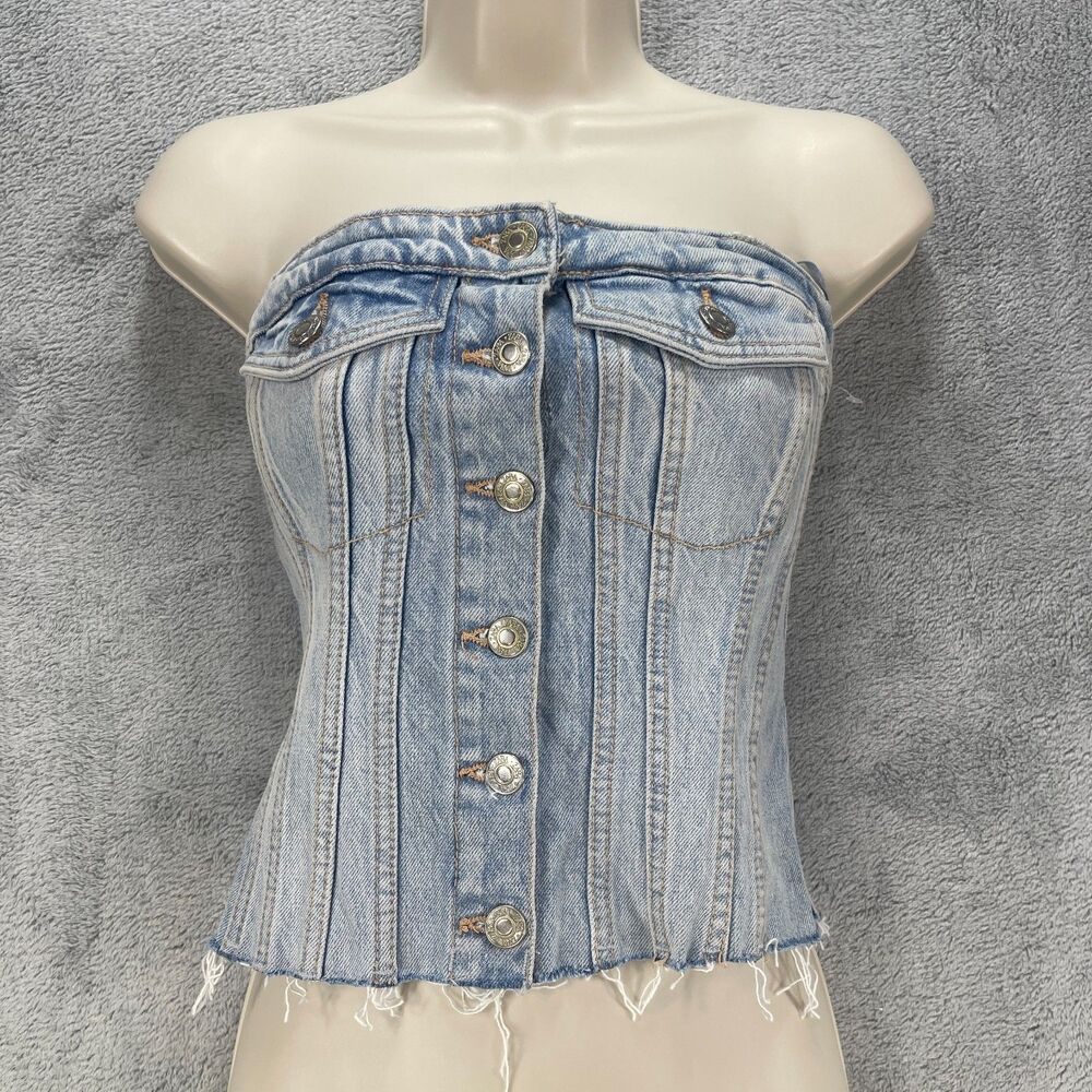 Zara Bustier Top Women's XS Blue Denim Cotton Stretch Smocked Back Strapless - Picture 10 of 13
